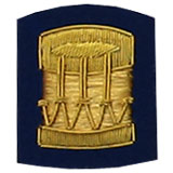 Hand Embroidered gold wire on navy blue cloth drum insignia badge