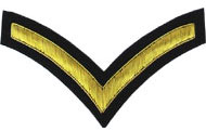 Hand Embroidered gold wire on navy blue cloth 1 Stripe Chevron Lance Corporal insignia badge