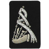 Embroidered Silver wire on black cloth bagpipes insignia badge