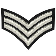 Embroidered Silver wire on black cloth 3 Stripe Chevrons Sergeant insignia badge