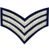 Embroidered silver wire on navy blue cloth 3 Stripe Chevrons Sergeant insignia badge