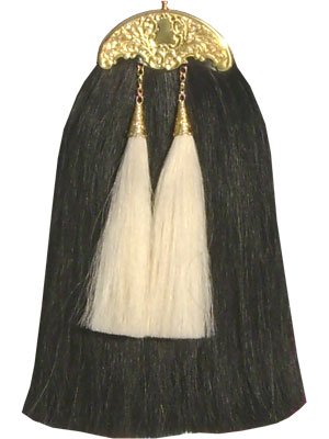 Black Horsehair Sporran with 2 White Tassels + Gold