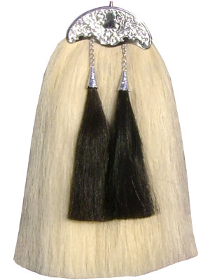 White Horsehair Sporran with 2 Black Tassels + Chrome